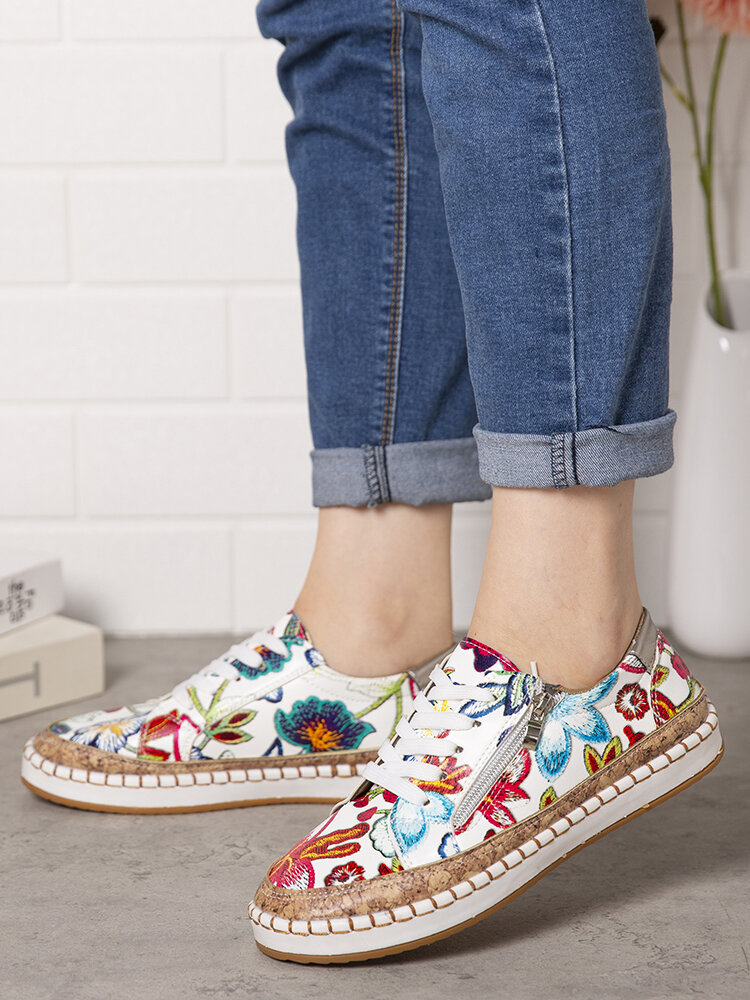 

Large Size Women Folkways Printing Comfy Wearable Casual Chunky Low top Flats, White;purple;black;green;colorful