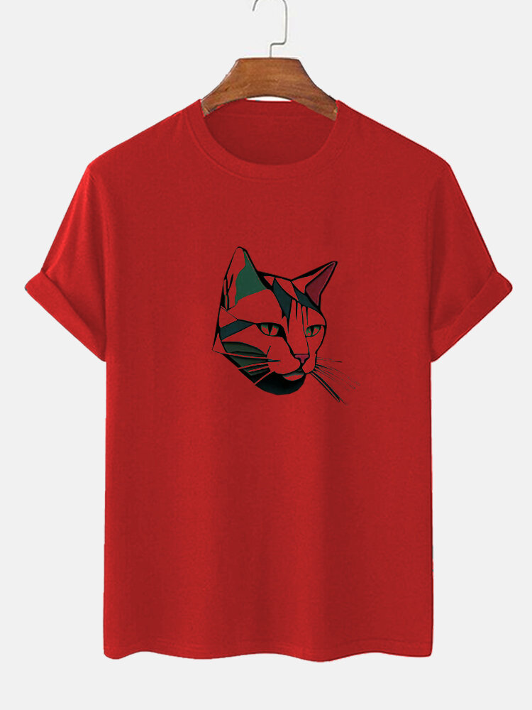 Camisetas masculinas de manga curta com gola redonda e desenho animado Cat Head de inverno