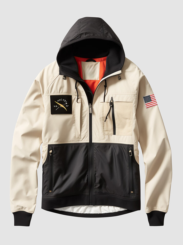 Mens Contrast Patchwork Zip Front Hooded Windbreaker Jacket