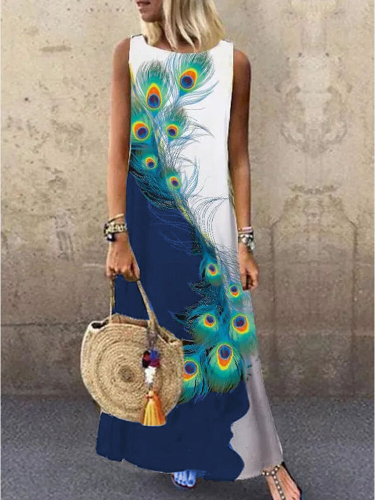 Peacock Print Sleeveless A-line Plus Size Dress
