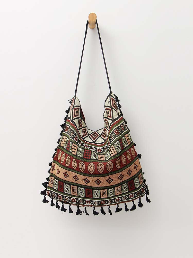 Cotton Linen Ethnic Pattern Large Capacity Tassel Decoration Tote Handbag