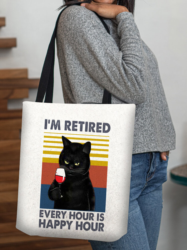 Women Black Cat Red Wine Pattern Print Handbag Shoulder Bag Tote