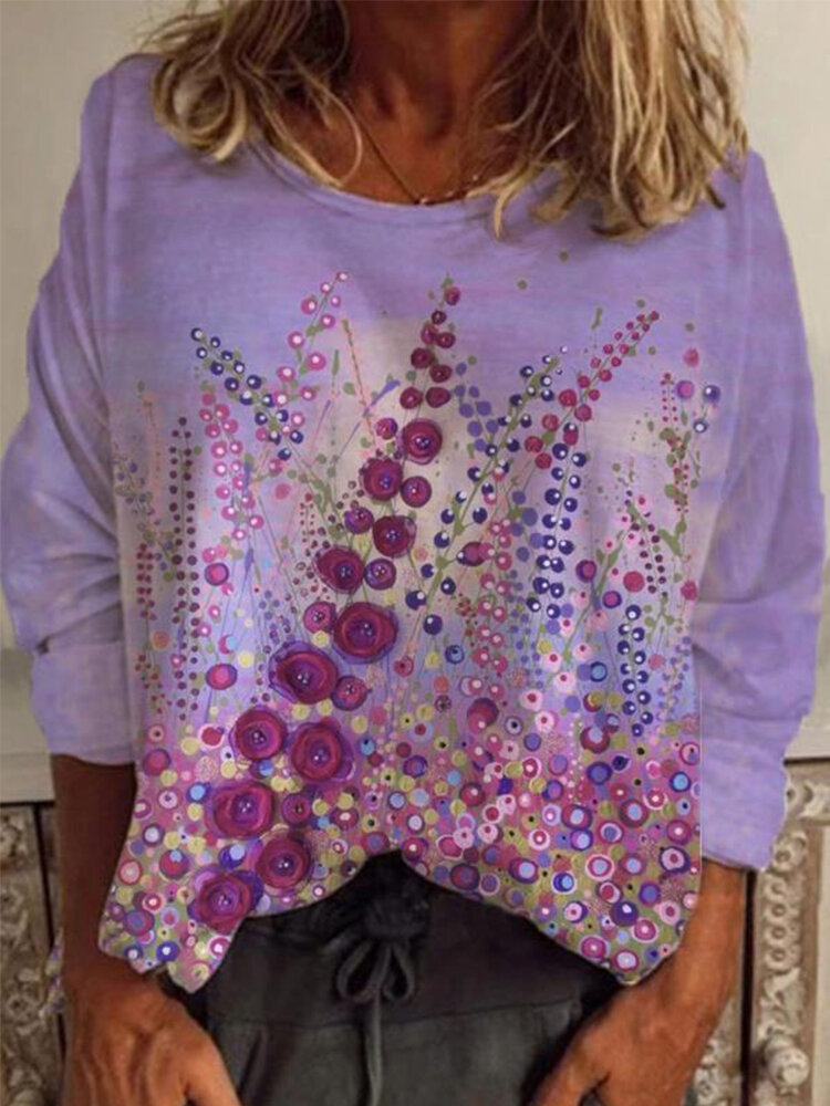 Lavender Print Stiching O-neck Long Sleeve Chic Plus Size T-shirt