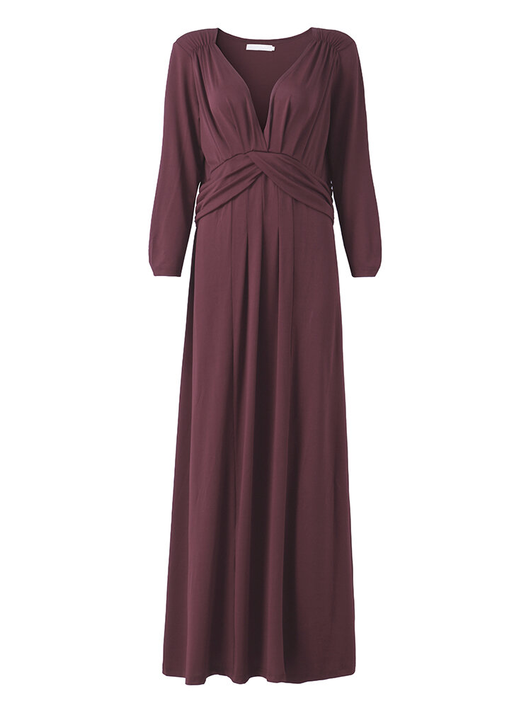 

Solid V-Neck Three Quarter Sleeve Maxi Dress, Red;purple