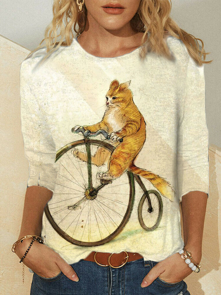 Lovely Cat Print O-neck Long Sleeve Plus Size Cotton T-shirt