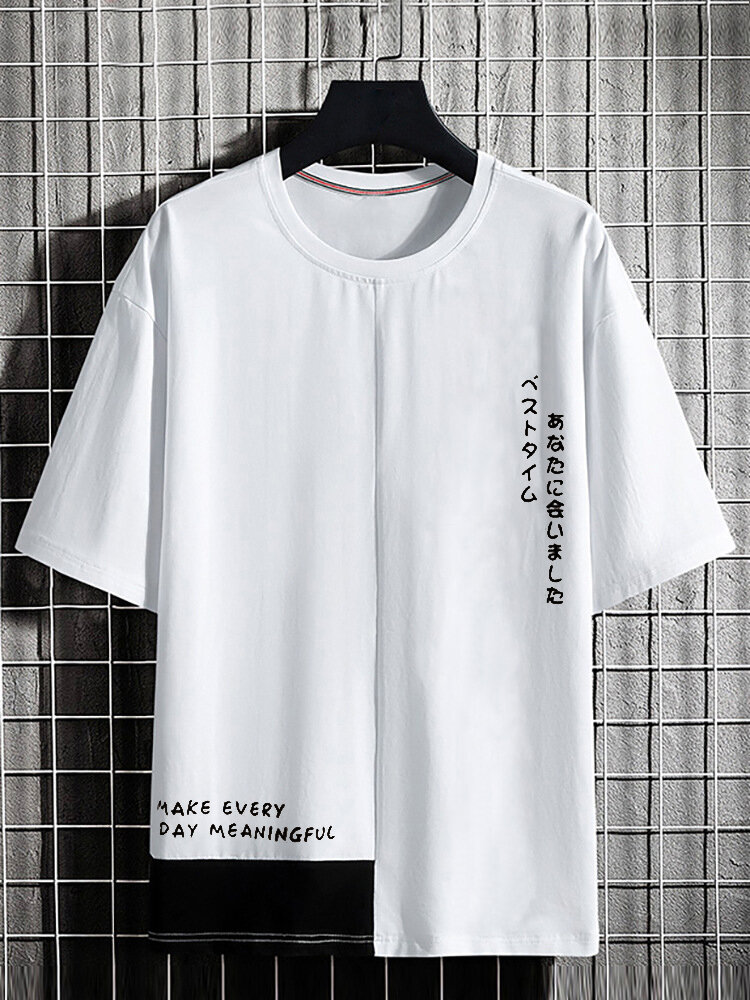 

Mens Japanese pattern Asymmetrical Hem Short Sleeve T-Shirts, White