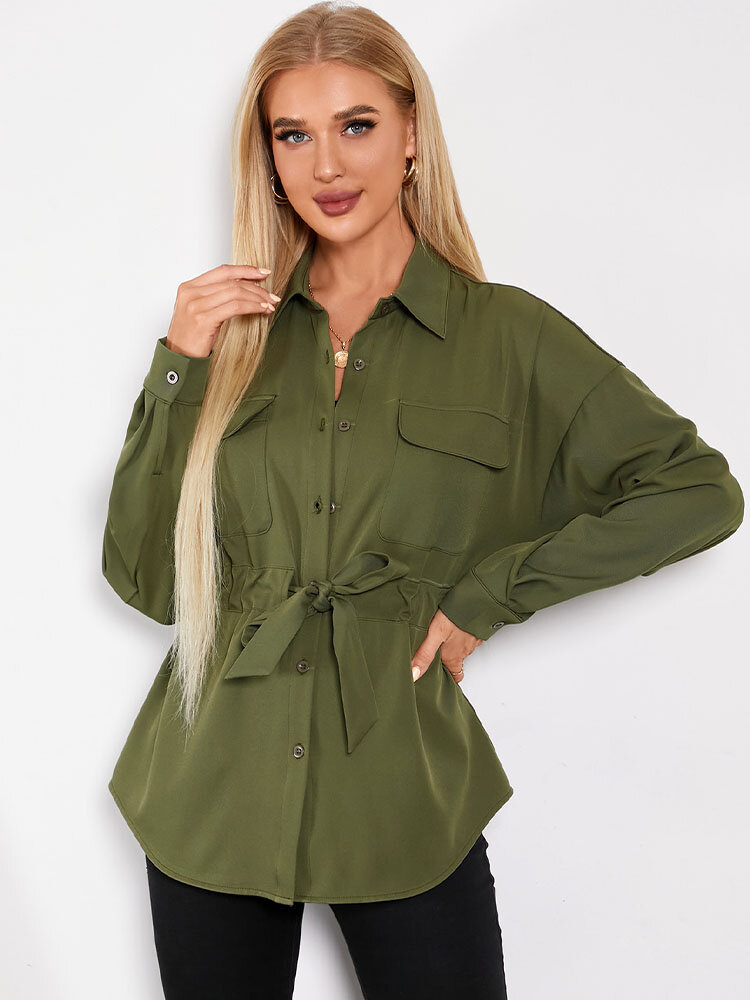 Solid Button Drawstring Pocket Long Sleeve Shirt for Women