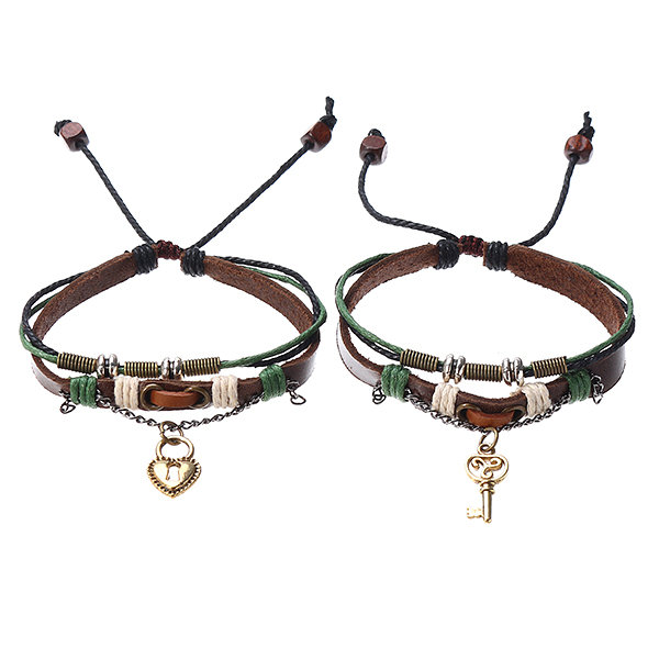

1 Pair Fashion Lock and Key Pendant Lover's Charm Bracelet Leather Couple Bracelet Gift