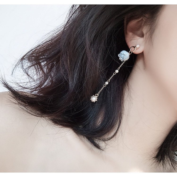 

Sweet Ear Drop Earrings Rose Pearls Tessals Chain Pendant Dangle Elegant Jewelry for Women, Blue;purple;pink