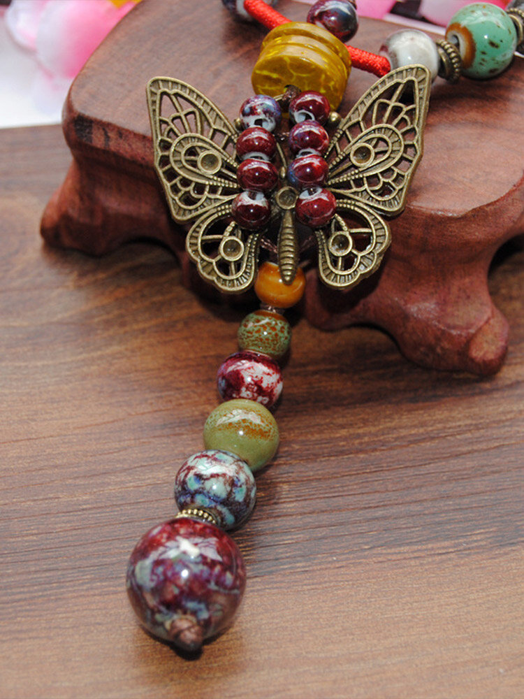 Vintage Hollow Butterfly Geometric-shaped Mixed Color Beaded Hand-woven Ceramic Copper Long Necklace