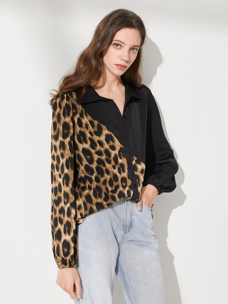 Leopard Print Stitch Long Sleeve Lapel Button Down Shirt