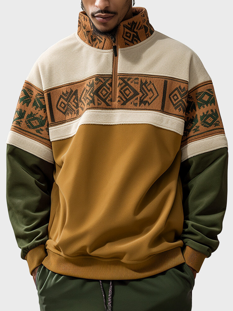 Mens Ethnic Geometric Pattern Patchwork Half Zip Pullover Sweatshirts