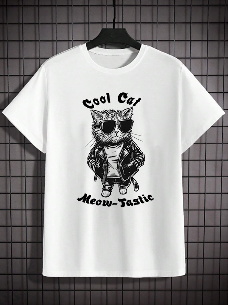 Mens Cartoon Cat Letter Print Crew Neck Short Sleeve T-Shirts
