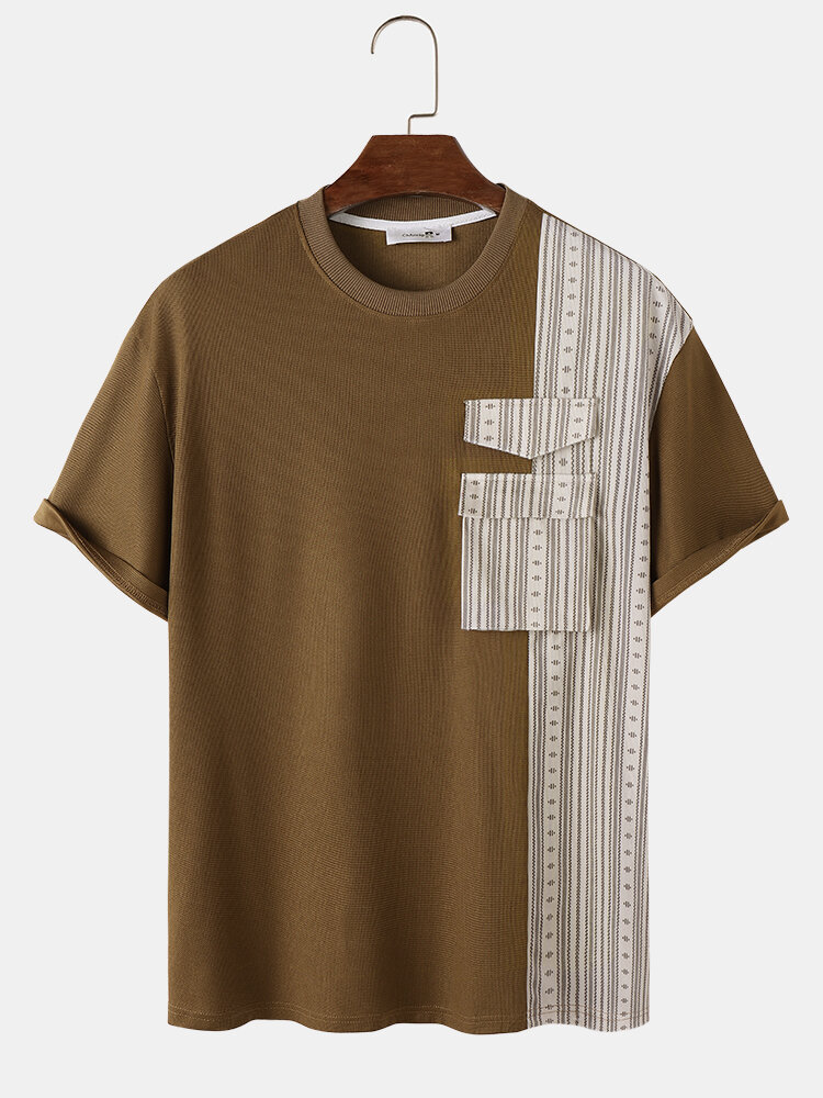 Herren-T-Shirts mit geometrischem Muster, Patchwork, Pattentasche, kurzärmelig