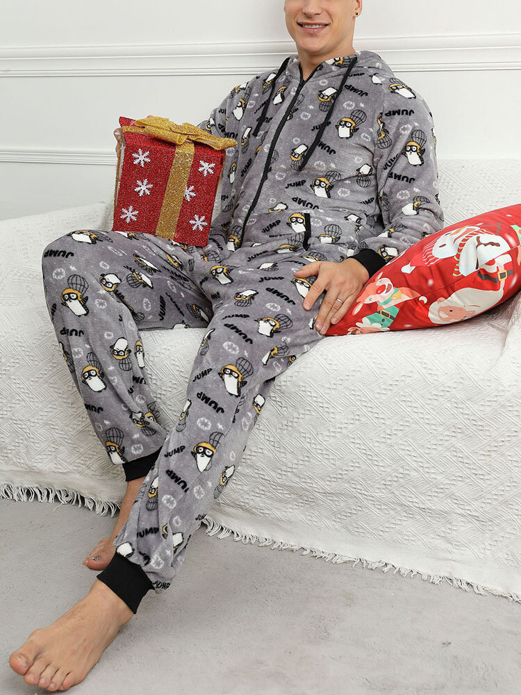 

Mens Christmas Cartoon Animal Print Zip Front Flannel Warm Hooded Onesies, Gray