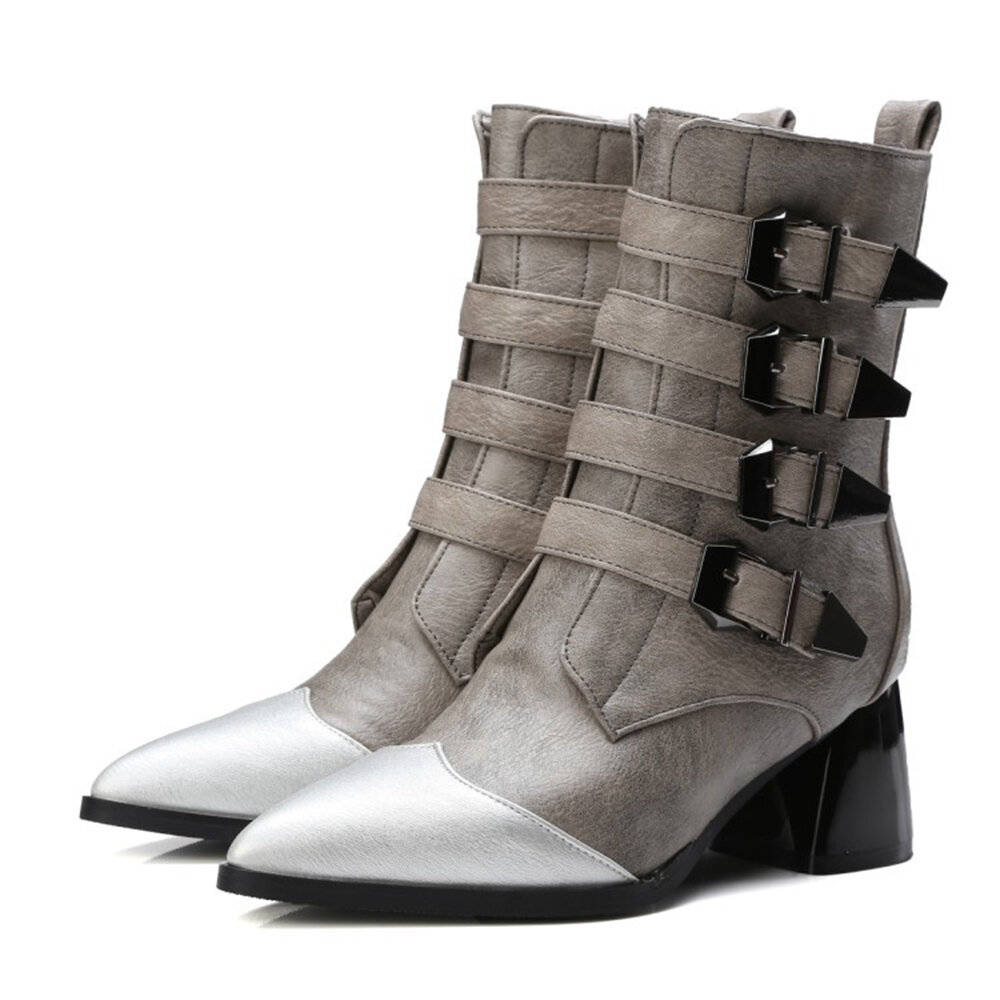 

Vogue Belt Decoration Splicing Zipper Ankle Boots, Black;grey