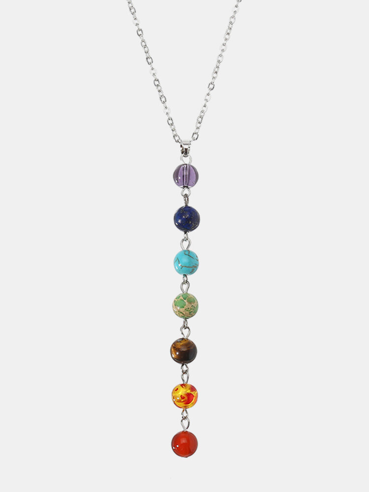 Women's Colorful Balance Yoga Reiki Prayer Stone 7 Chakra Beads Ball Pendant Necklace