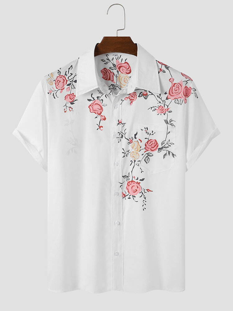 Mens Floral Print Chest Pocket Casual Short Sleeve Shirts