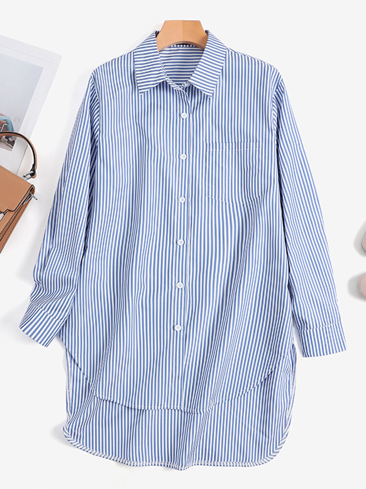 Solapa de manga larga con botones en el frente y bolsillo con estampado de rayas Camisa