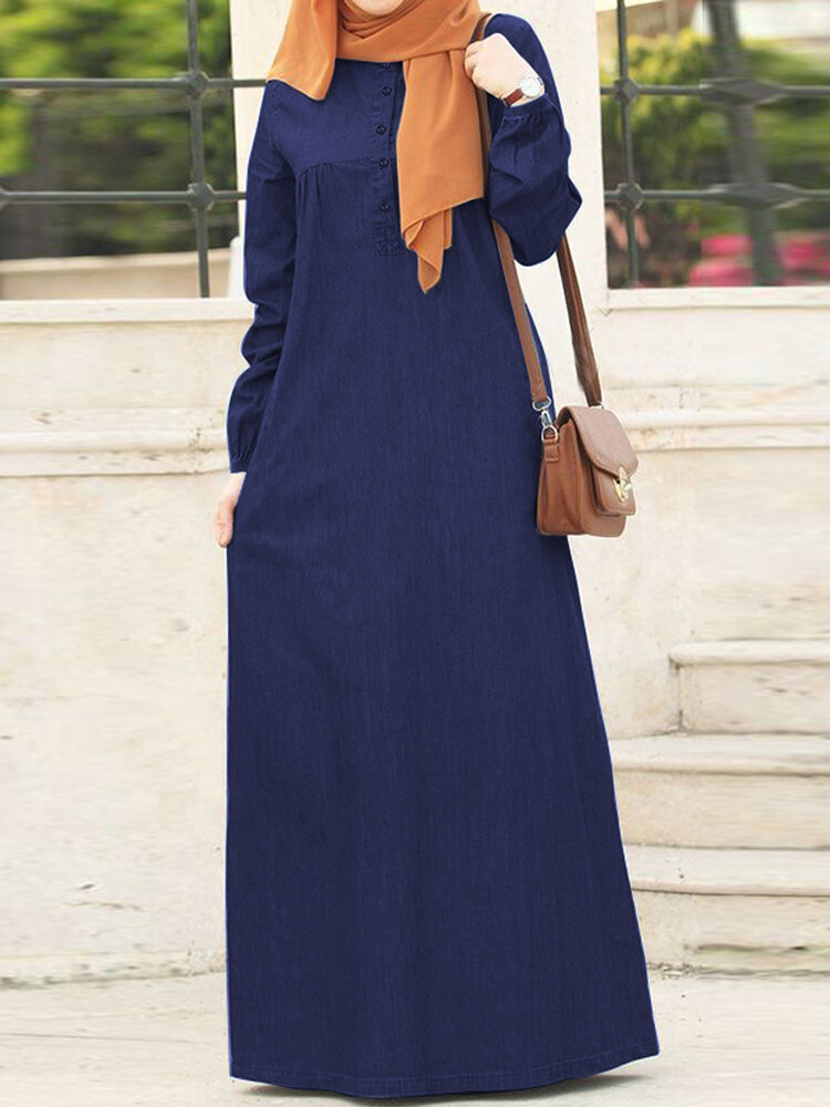 Women Solid Half Button Long Sleeve Muslim Denim Maxi Dress