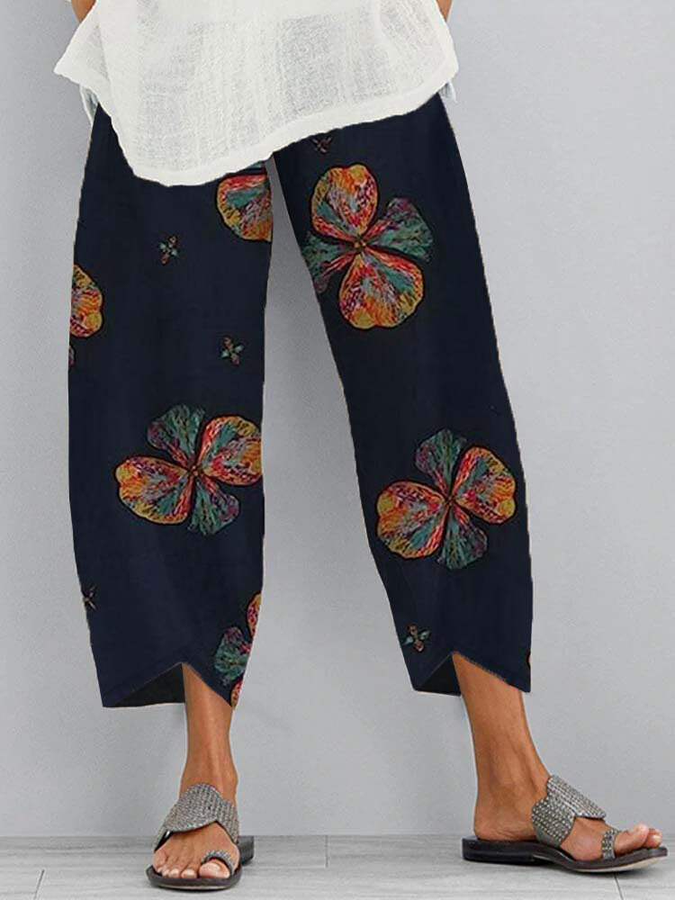 Women Colorful Floral Print Irregular Cuff Cropped Pants