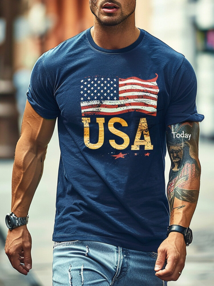 

Mens American Flag Letter Star Print Crew Neck Short Sleeve T-Shirts, Blue