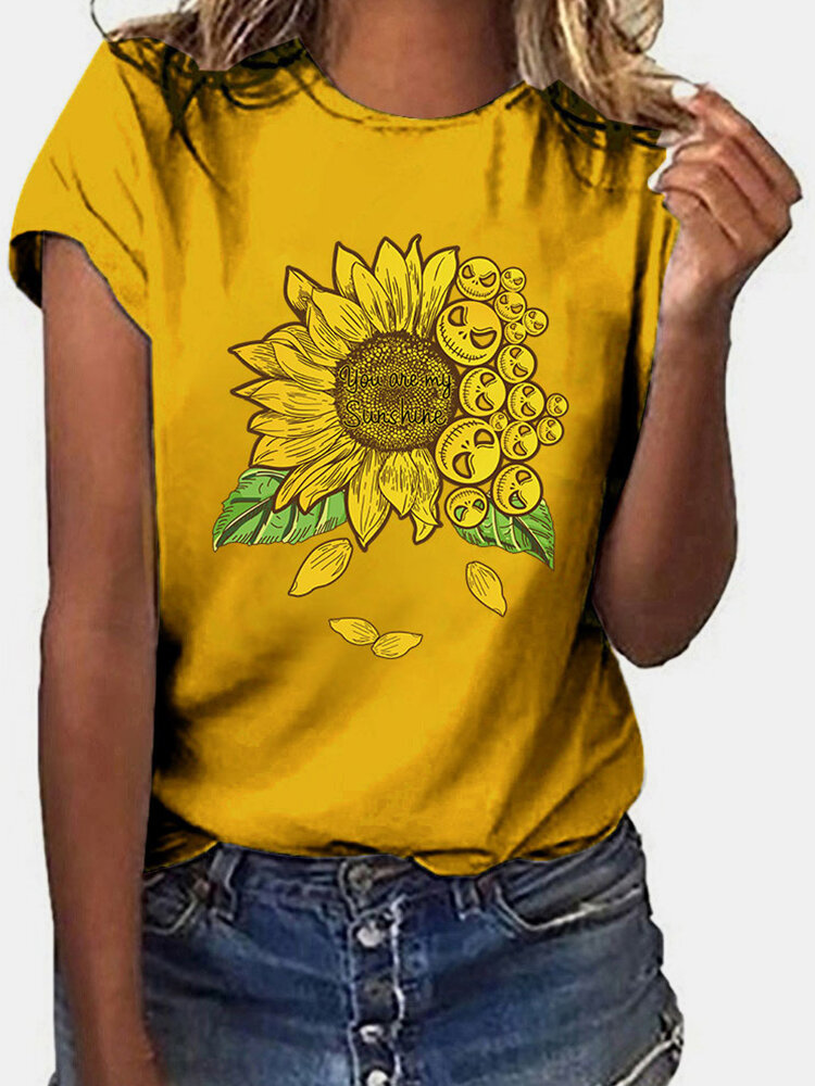 Sunflower Print Short Sleeve Casual O-neck T-shirt
