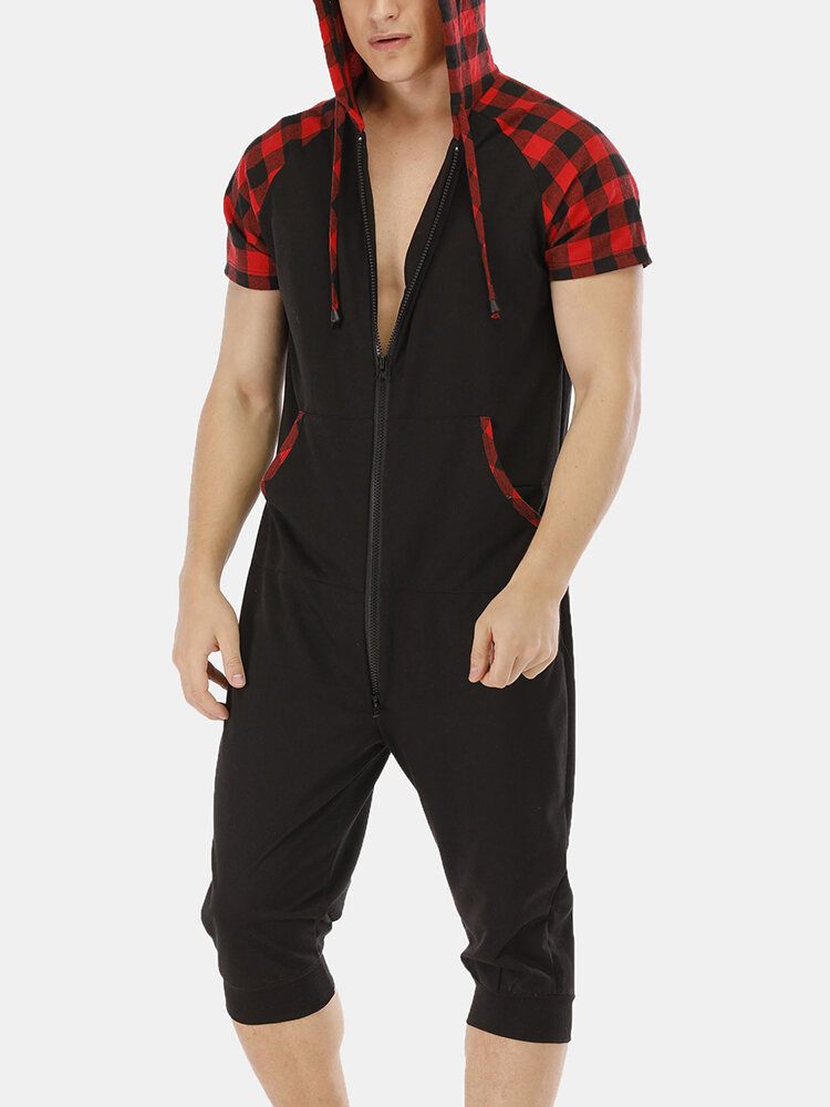Mens Red Plaid Patchwork Jumpsuits Short Sleeve Hooded Pajamas