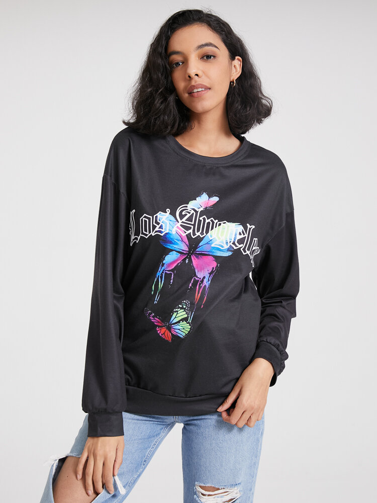 Butterfly Letter Graphic Crew Neck Long Sleeve Sweatshirt