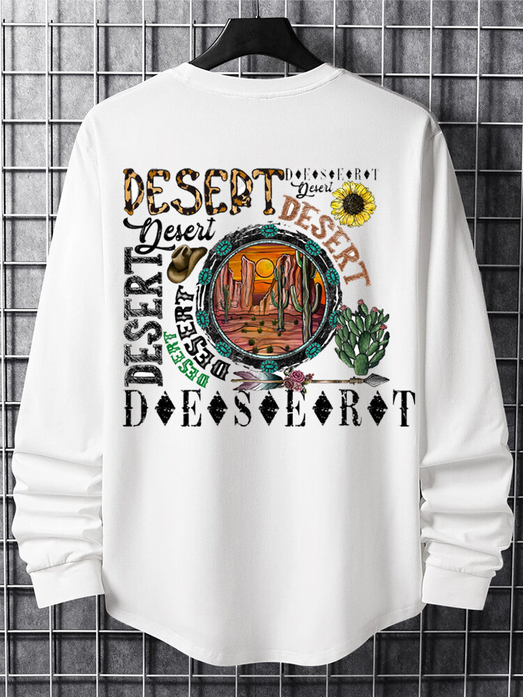 

Mens Cactus Desert Letter Back Print Crew Neck Long Sleeve T-Shirts Winter, White