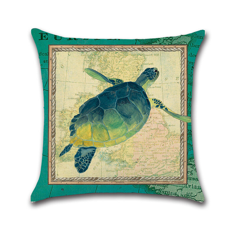 Retro azul tortuga marina caballo algodón lino Cushon cubierta cuadrada almohada decorativa