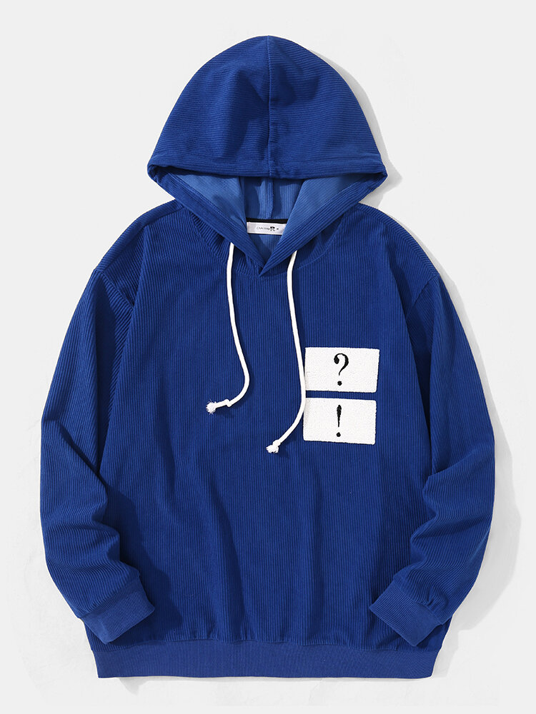 

Mens Punctuation Patched Corduroy Casual Overhead Drawstring Blue Hoodies