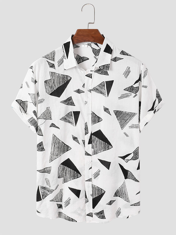 Mens All Over Geometric Print Lapel Casual Short Sleeve Shirts