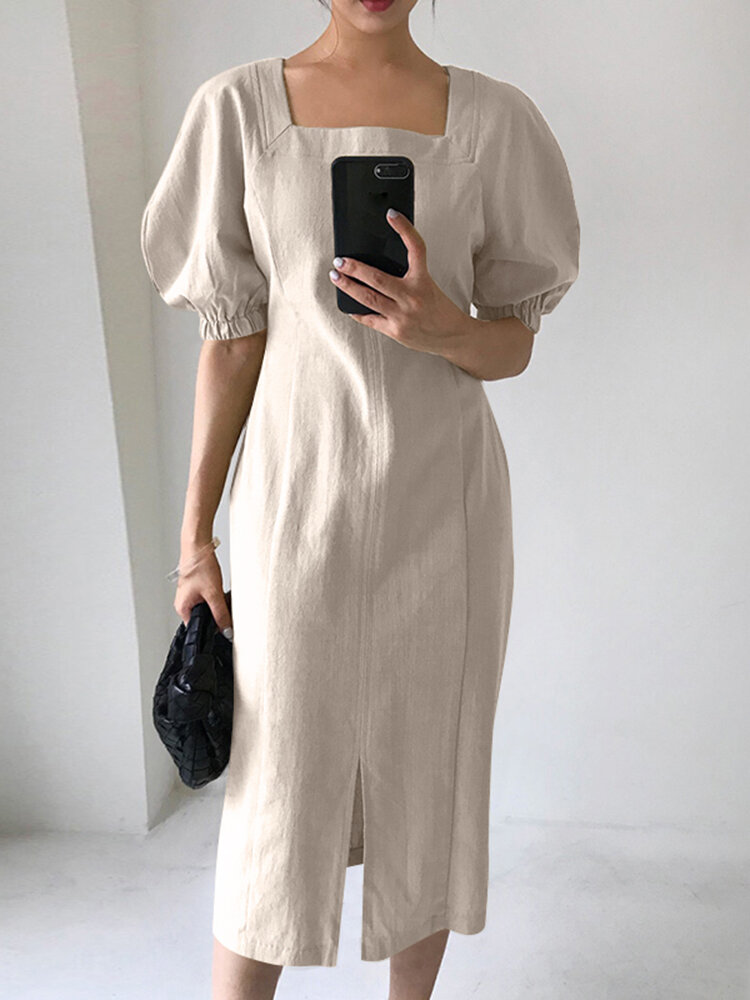 Solid Slit Puff Sleeve Square Collar Casual Dress