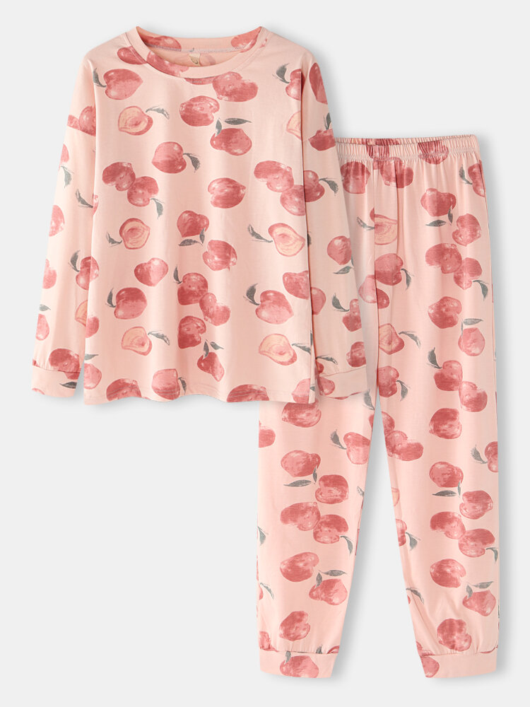 

Women Cute Peach Fruit Print O-Neck Long Sleeve Plus Size Home Pajamas Sets, Pink