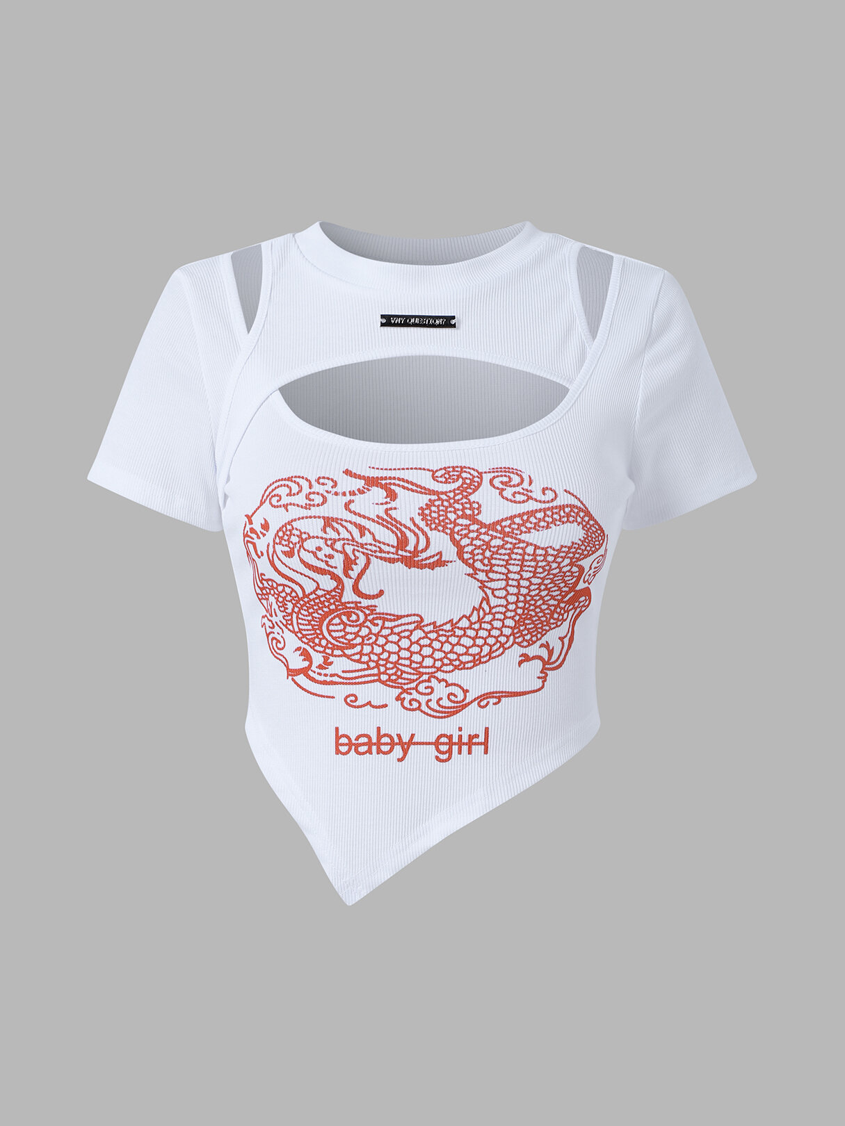 Dragon Pattern Cut Out Asymmetrical Hanky Hem T-shirt