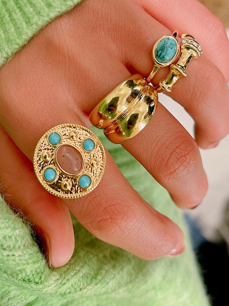 4 Pcs/Set Trendy Luxury Inlaid Rhinestone Turquoise Geometric-shaped Alloy Rings