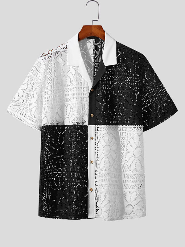 

Mens Windowpane Pattern Patchwork Knit Revere Collar Shirt, Black;brown