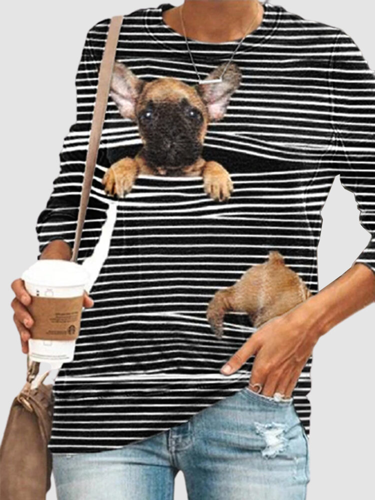Cartoon Dog Print Striped Long Sleeve O-neck Plus Size T-shirt