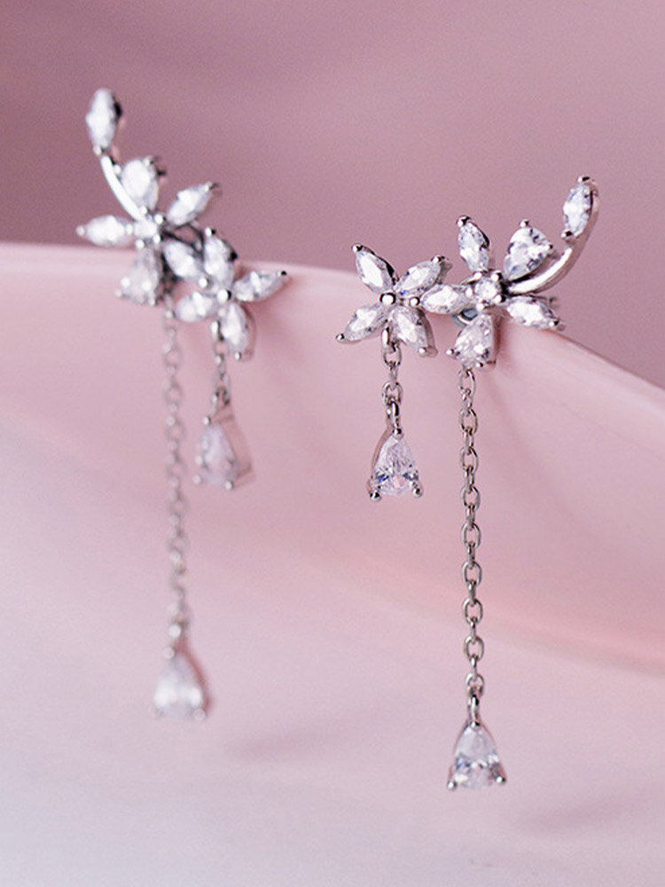 Trendy Five-petal Flower Shape Inlaid Rhinestone Drop Tassel 925 Sterling Silver Ear Row Earrings