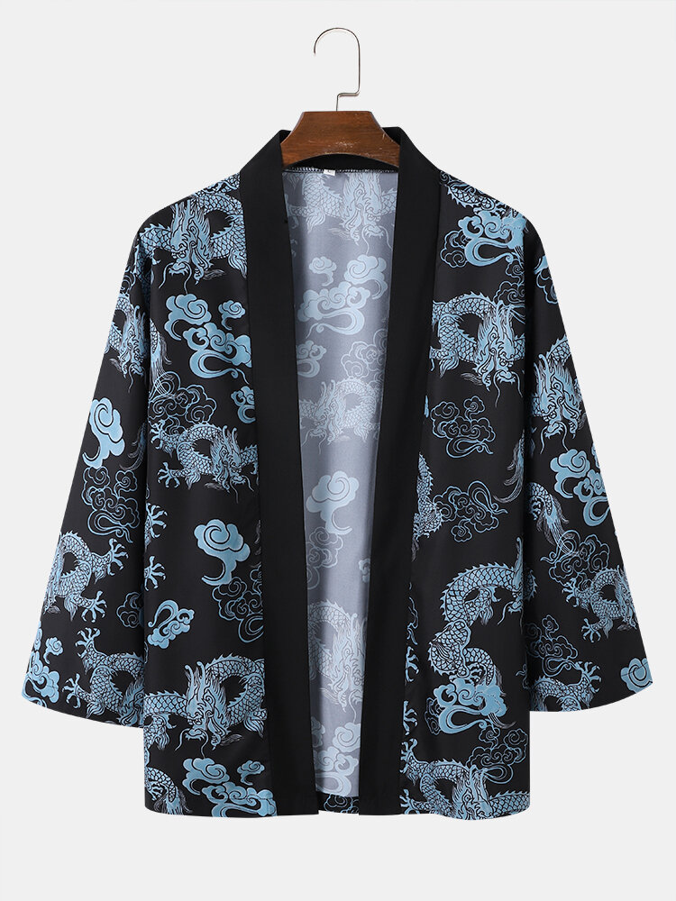 Mens Oriental Dragon Print Open Front Loose 3/4 Sleeve Kimono
