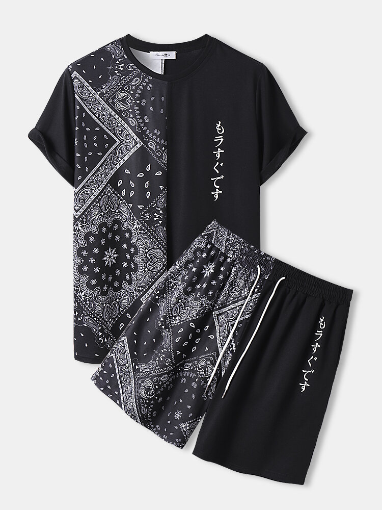 Herren-Patchwork-Zweiteiler-Outfits mit Ethno-Paisley-Muster und japanischem Print