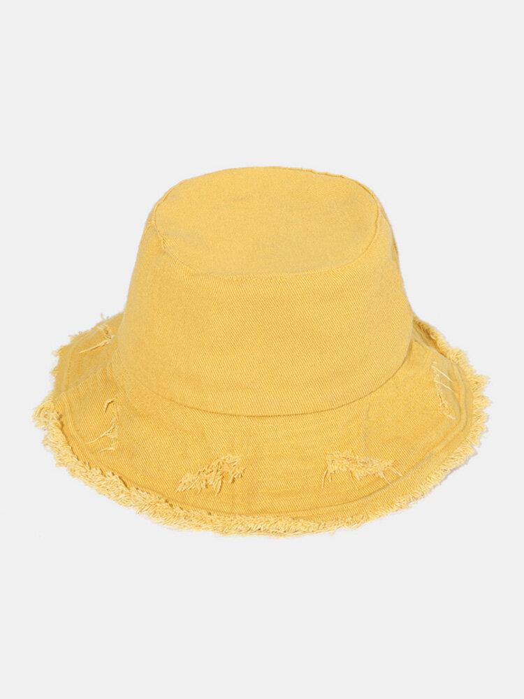 Unisex Washed Cotton Solid Color Raw-edged Damaged Fashion Sunshade Bucket Hat