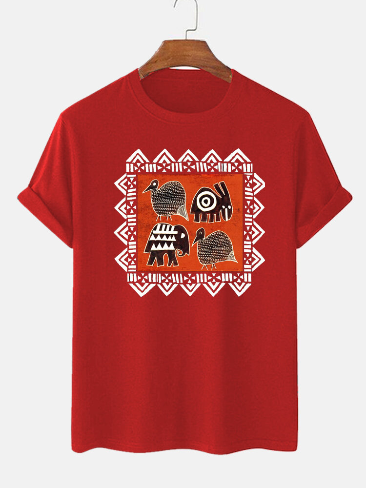 Mens Ethnic Geometric Animal Print Crew Neck Short Sleeve T-Shirts Winter