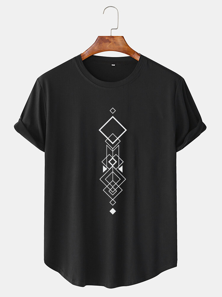 Mens Geometric Graphic Curved Hem Short Sleeve T-Shirts