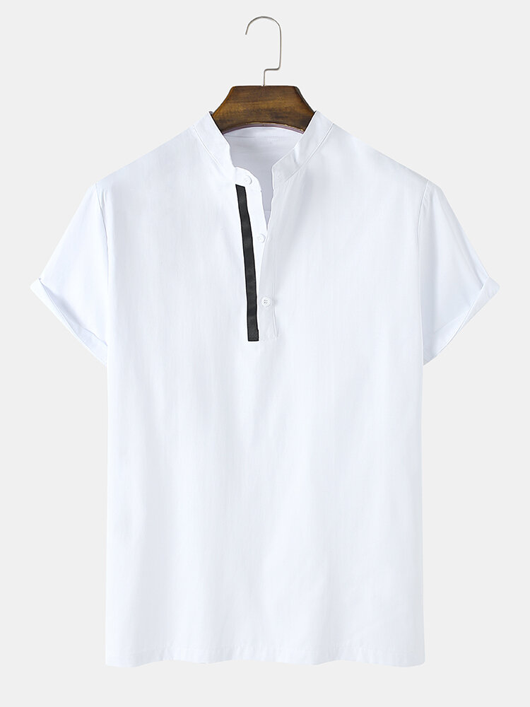 Mens Solid Color Short Sleeve Basics White Henley Shirt
