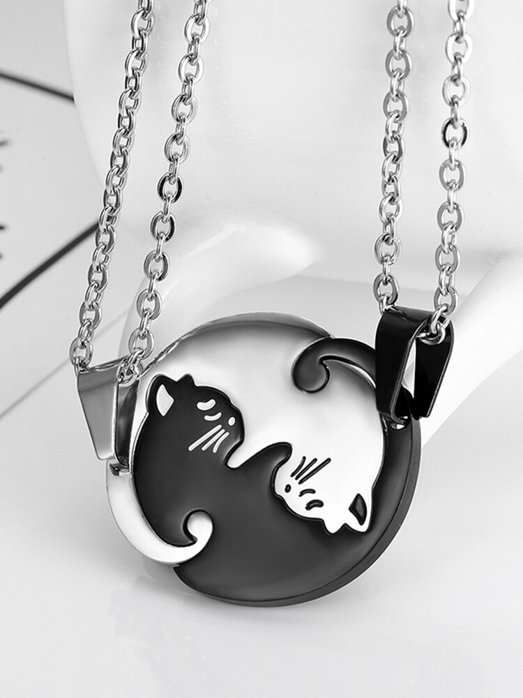 Trendy Geometric Animal Stainless Steel Necklace Cute Sweet Cat Pendant Puzzle Couple Necklace