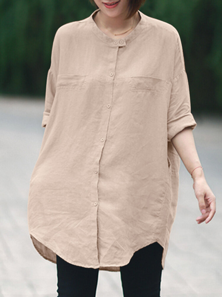 Solid Button Pocket High-Low Hem Casual Shirt