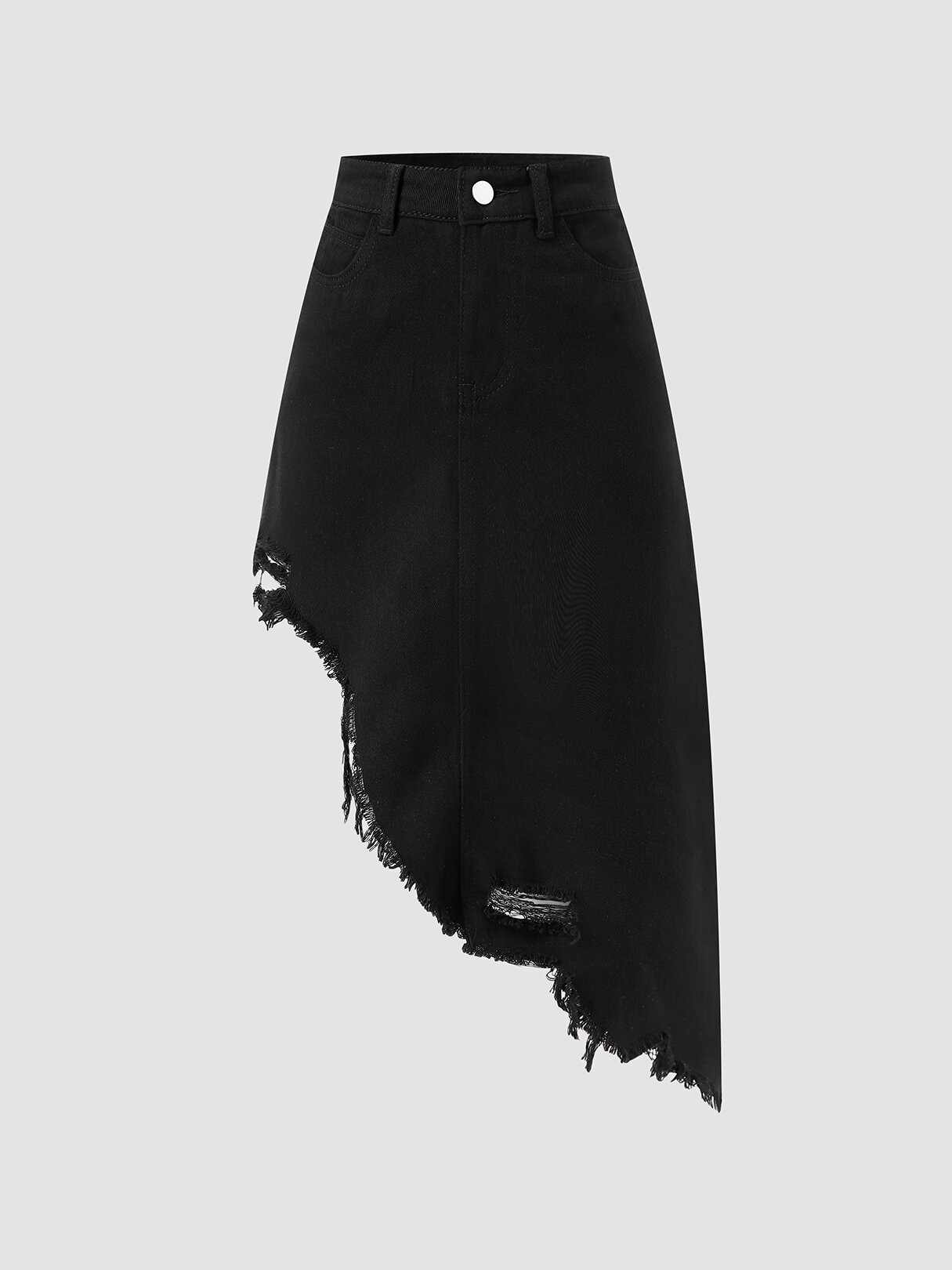 

Solid Asymmetrical Frayed Pocket Ripped Denim Skirt, Black