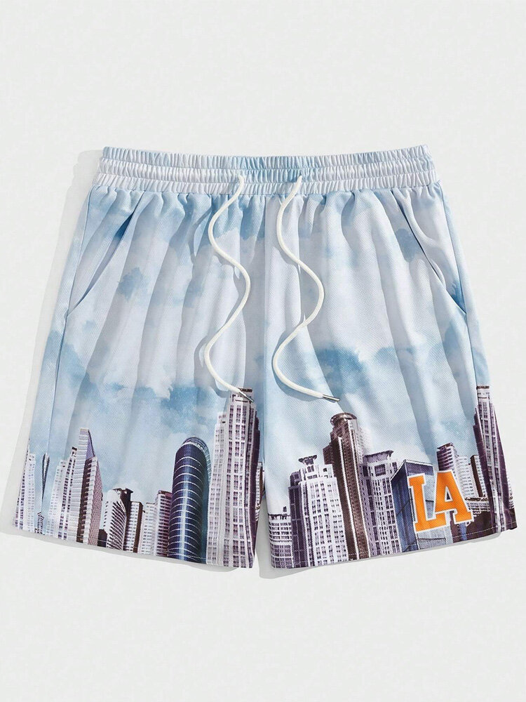 

Mens LA City View Print Casual Drawstring Waist Shorts, Blue
